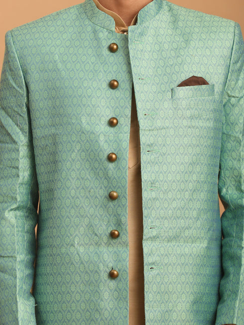 Vastramay Men's Green Silk Blend Sherwani With Rose Gold Kurta Pant Set